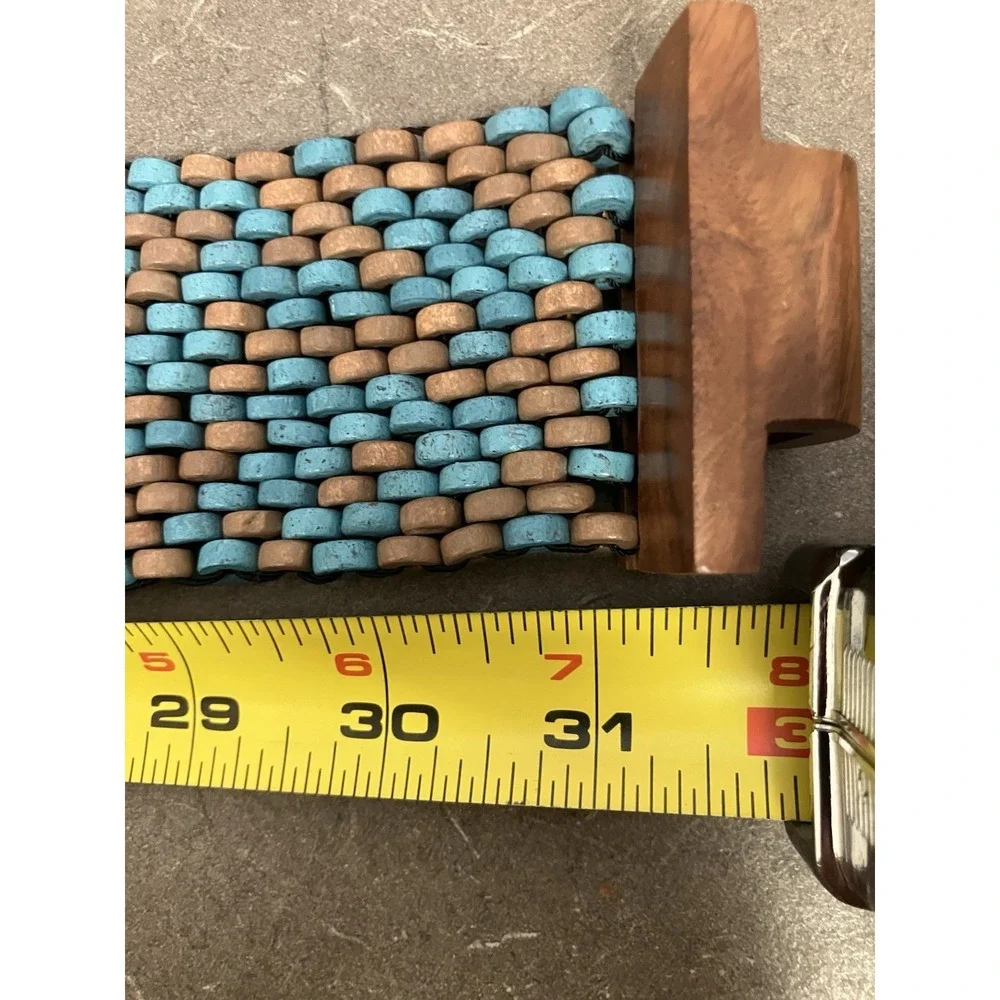 Wood Bead Belt Weatern Turquoise Tan Stretch Statement Wood Interlock Buckle 31